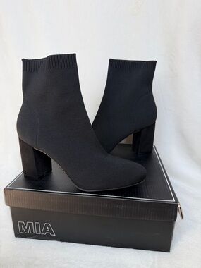 MIA Black Knit Sock Ankle Booties with 3 inch Block Heel
